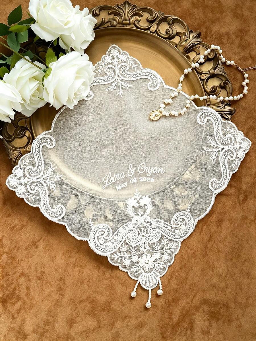 Custom Embroidered Wedding Handkerchief, Personalized Names Date Lace Bridal Handkerchief, Vintage Pearl Tassel Wedding Keepsake Hanky For Bride - Multicolor - View 1