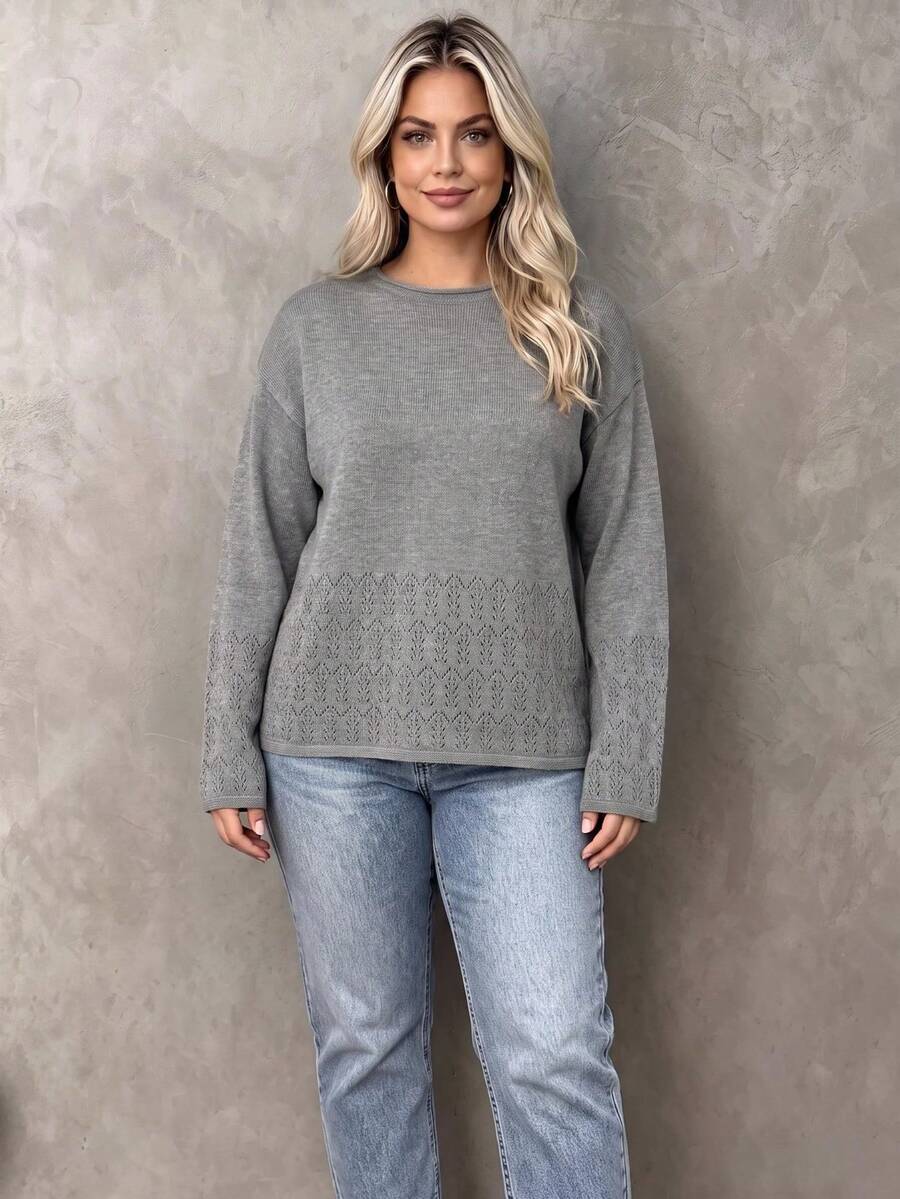 Women's Plus Size Knitwear Pullover Sweater With Drop Shoulder And Round Neck, Long Sleeve Grey Top For Fall And Winter. - Grey - View 1