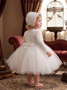 Baby Girls' White Long Sleeve Dress With Hat, Perfect For Flower Girl Wedding - White - View 5