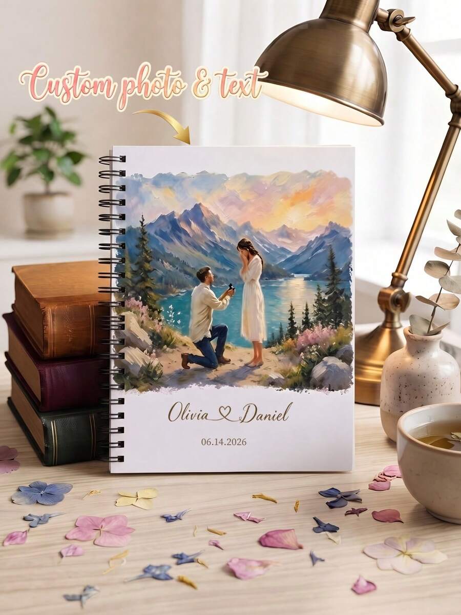 1pc Custom Couple Photo And Text Spiral Notebook, Custom Oil Painting Proposal Scene Journal, Unique Engagement Keepsake Gift For Fiancé Fiancée Wedding Memory Book - Multicolor - View 1