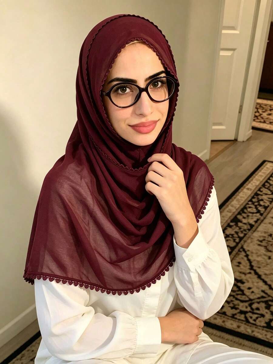 1PC Women's Solid Color Embroidered Heart Lace Long Scarf, Lightweight Versatile Breathable Skin-Friendly Scarf, Fully Hemmed Embroidered Edging, Soft Drape High-End, Suitable For Daily Wear - Burgundy Chiffon - Heart Lace Style - View 1