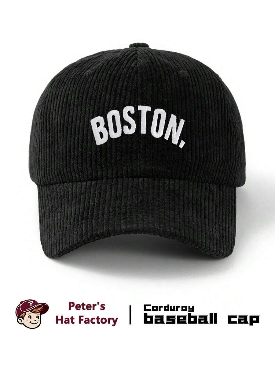1pc Unisex Semi-Circle BOST Embroidered Corduroy Baseball Cap, Fashionable Sports Duck Bill Hat, Sun Protection Breathable Outdoor Hat, Adjustable Hat Circumference, Suitable For Outdoor Sports, Camping, Climbing, Fishing - A - View 1