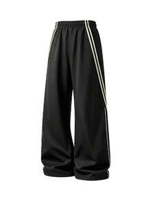 Men's Spring/Autumn Striped Drawstring Waist Pocket Casual Straight Leg Long Pants - Black - View 3