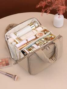 Large‑Capacity Travel Makeup Bag With Brush Storage Pocket, Padded Soft Hand‑Held Cosmetic Organizer, Multi‑Compartment Toiletry Pouch, Portable Skincare Beauty Storage Case For Vacation Daily Use Women - Multicolor - View 3