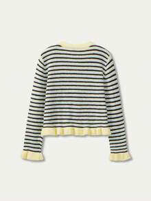 FOR BEAUTY Women's Autumn/Winter Cardigan, Y2K Elegant Retro Striped Ruffle Front Button Long Sleeve Slim Fit Sweater Top Fall - Multicolor - View 6