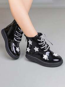 Children's Black Star Decor Boots, Fashion Lace-Up Short Boots, Non-Slip Wear-Resistant Small Boots - Black - View 4