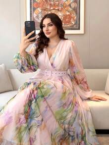 Plus Size Women's New Elegant Romantic Floral Patchwork Design Swing Dress Vacation - Apricot - View 4