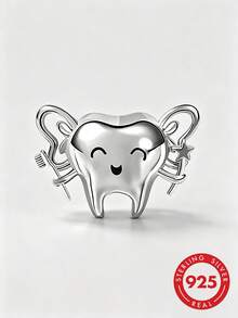 1pc 925 Sterling Silver Cute Tooth Fairy Pendant Bead, Smiling Tooth With Wings & Star Design, Suitable For European Bracelet, Tooth Fairy Theme Children's Jewelry - Silver - View 1