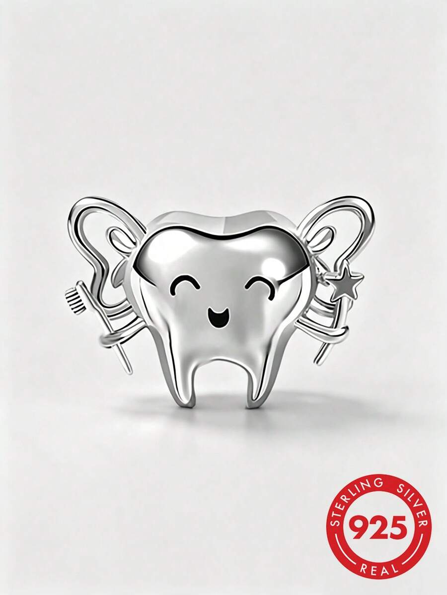 1pc 925 Sterling Silver Cute Tooth Fairy Pendant Bead, Smiling Tooth With Wings & Star Design, Suitable For European Bracelet, Tooth Fairy Theme Children's Jewelry - Silver - View 1