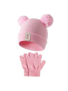 2pcs/Set Kids Fashion A-Z Letter Knit Hat & Gloves Set, Pink, Suitable For Autumn/Winter Daily Casual Wear & Warmth - Pink - View 8