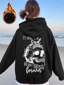 Loose-Fit Hoodie,100%Pure Cotton Material,Printed With Skull And Slogan Patterns - Casual Pullover Sweater,Long Sleeve,Designed With Pockets,Slightly - 黑色 - 查看 7