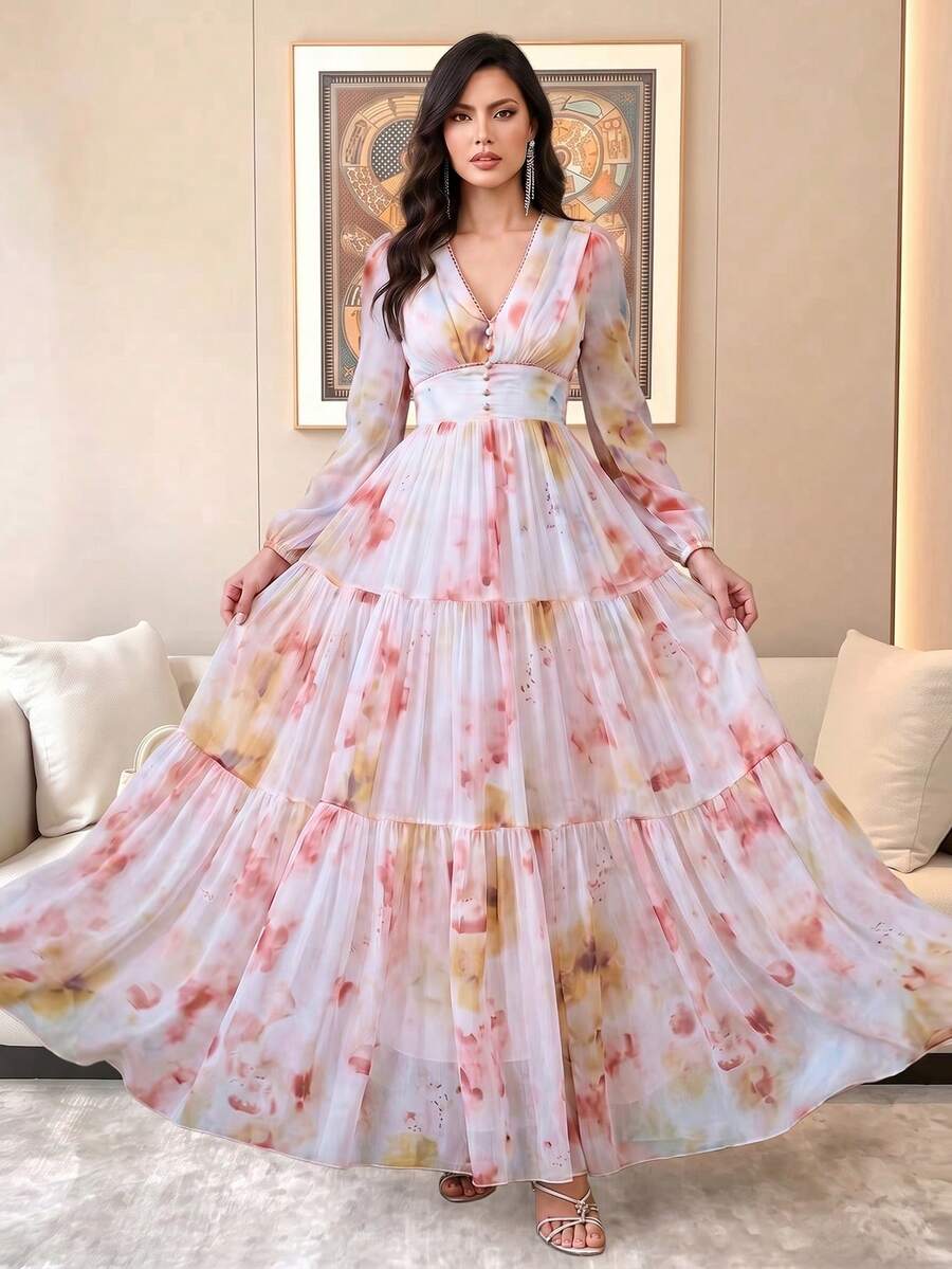 女士新款优雅浪漫印花长袖拼接连衣裙,修身显瘦,四季皆宜,全身水彩印花,保守优雅,正式场合适用,适合晚宴、海滩、婚礼度假等场合。 - 彩色 - 查看 1