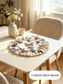 HXARTMIS 4/6/12/24/36PC Vintage Butterfly Print Round Scalloped Edge Placemats, Washable Heat-Resistant Table Mats, Suitable For Home, Party Decoration Dining Table Mats - Beige - View 3
