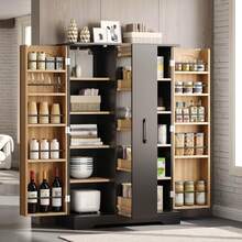 Kitchen Cabinet With Spice Rack, Spacious Double Door Cabinet With 4-Tier Vertical Extension, Adjustable Shelves And Modern Design - 120 * 78 * 35 Cm, Black And Natural, 78 X 35 X 120 Cm - Black - View 1