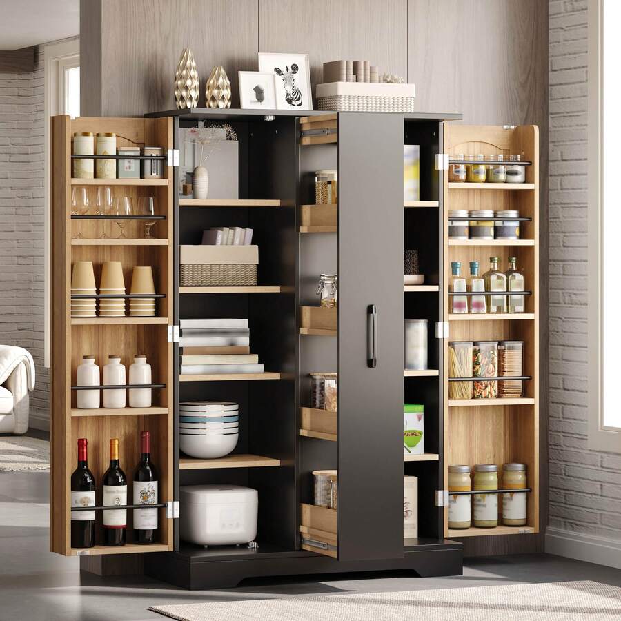 Kitchen Cabinet With Spice Rack, Spacious Double Door Cabinet With 4-Tier Vertical Extension, Adjustable Shelves And Modern Design - 120 * 78 * 35 Cm, Black And Natural, 78 X 35 X 120 Cm - Black - View 1