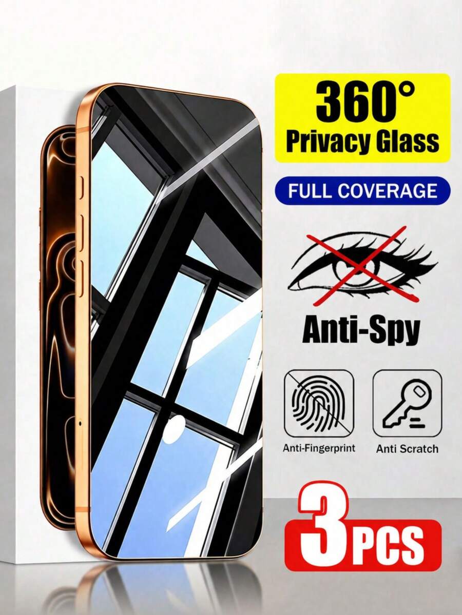 CASECOPS 3PCS 360° 4-Way Privacy Tempered Glass Screen Protector, Bubble-Free Easy Installation, Compatible Phone Case, Full Coverage, Anti-Peeping, Anti-Drop, Anti-Scratch, Anti-Fingerprint, Compatible With IPhone 18 Pro Max/17 Pro Max/16/15/14/13/12/11/XS Max/XR Series - 3PCS - View 1