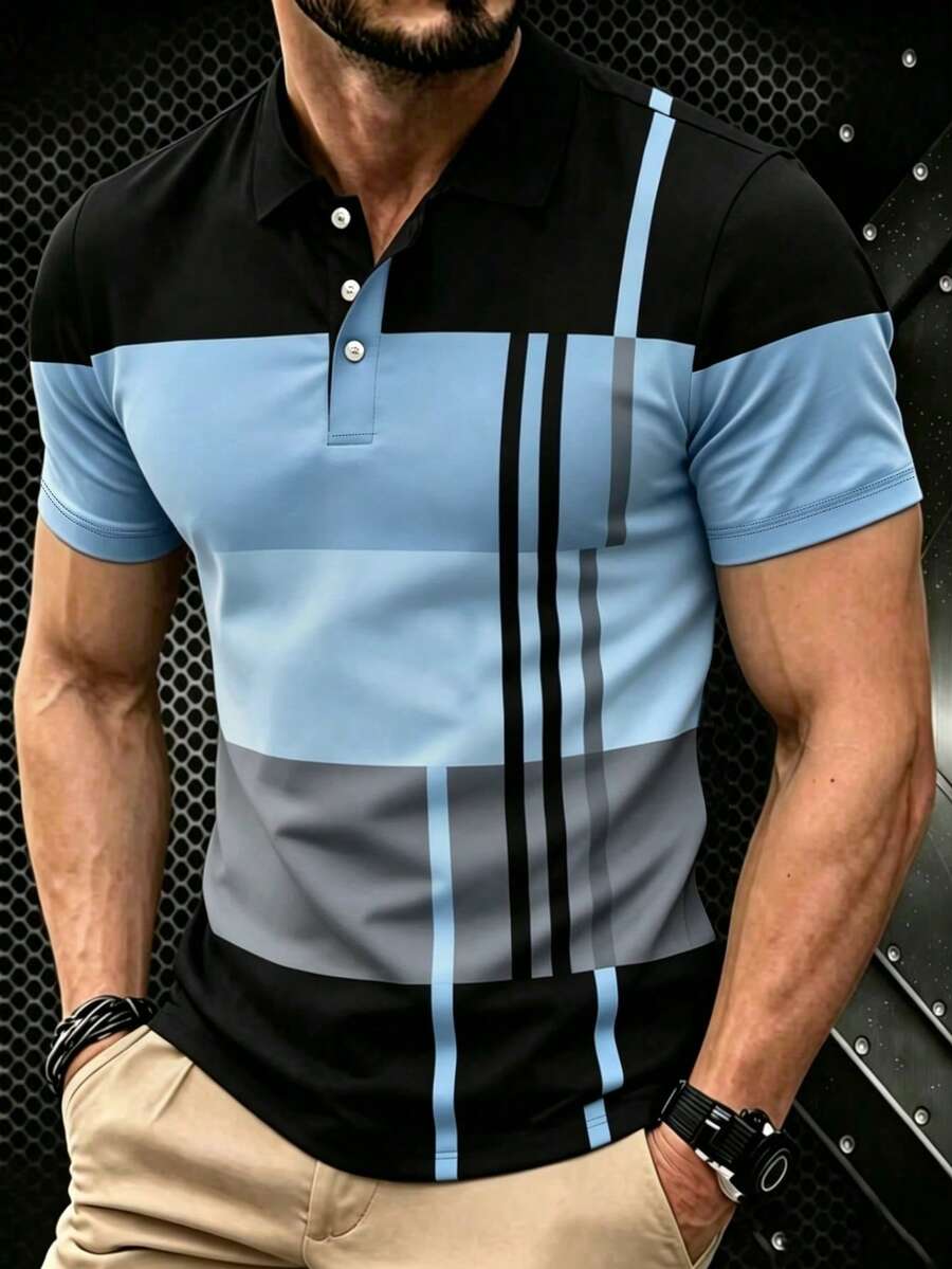 Summer Vintage Men's Shirt, Ultra-Fine Fiber Printed Short Sleeve Casual Crew Neck Button Loose Fit Men's Patchwork T-Shirt Plaid Top Streetwear Style - Dusty Blue - View 1
