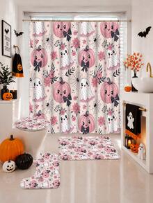 1/4pcs Halloween Pink Cute Ghost Pumpkin Shower Curtain Set, With 12 Hooks Waterproof Polyester Shower Curtain, Bathroom Curtain, Privacy, Thickened, Durable Quick Dry, 180*180cm Size, Halloween Thanksgiving Autumn Harvest Bathroom Decor - A - View 14