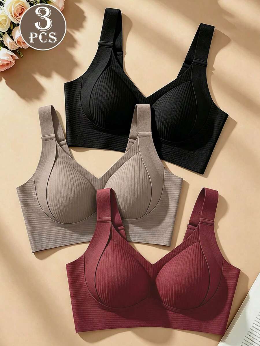 3件組女款無縫聚攏內衣,無鋼圈背心式內衣,吊帶基本內衣,瑜珈運動內衣,螺紋無鋼圈內衣 - 彩色 - 查看 1