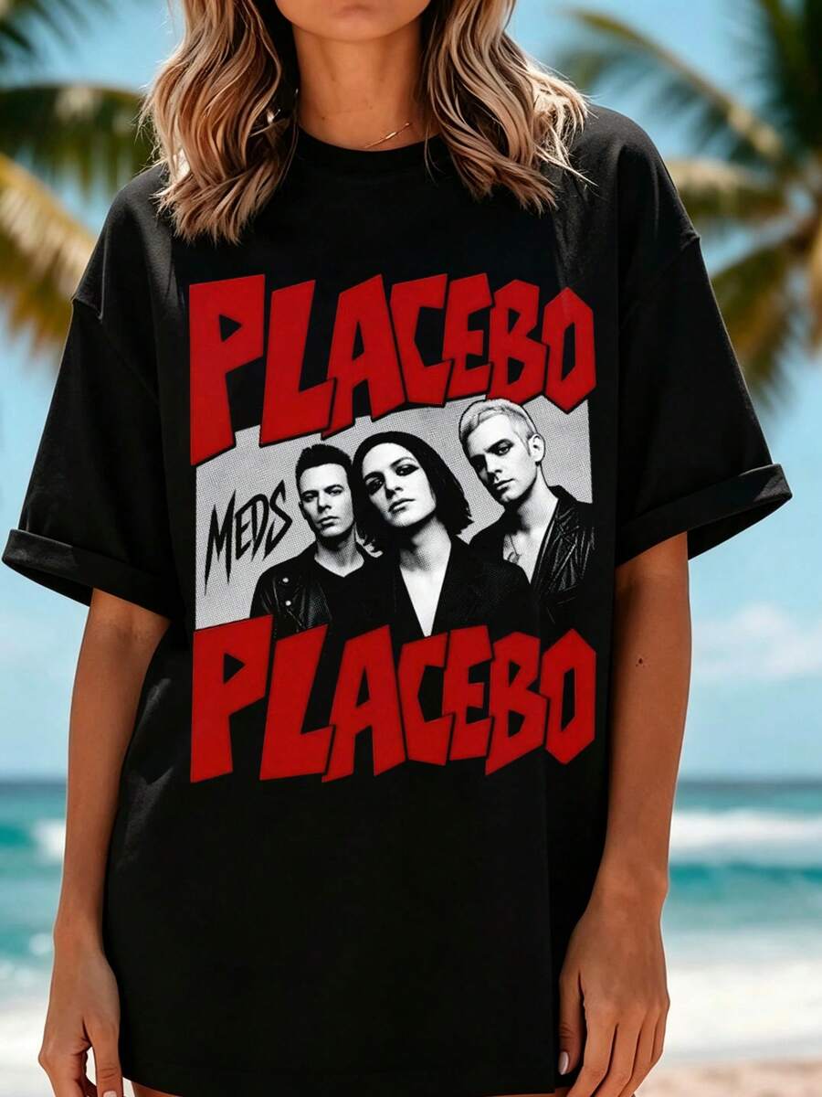 Oversized T-Shirt With Band Graphic Print, Stylish Rock Top For Concerts And Parties - 黑色 - 查看 1