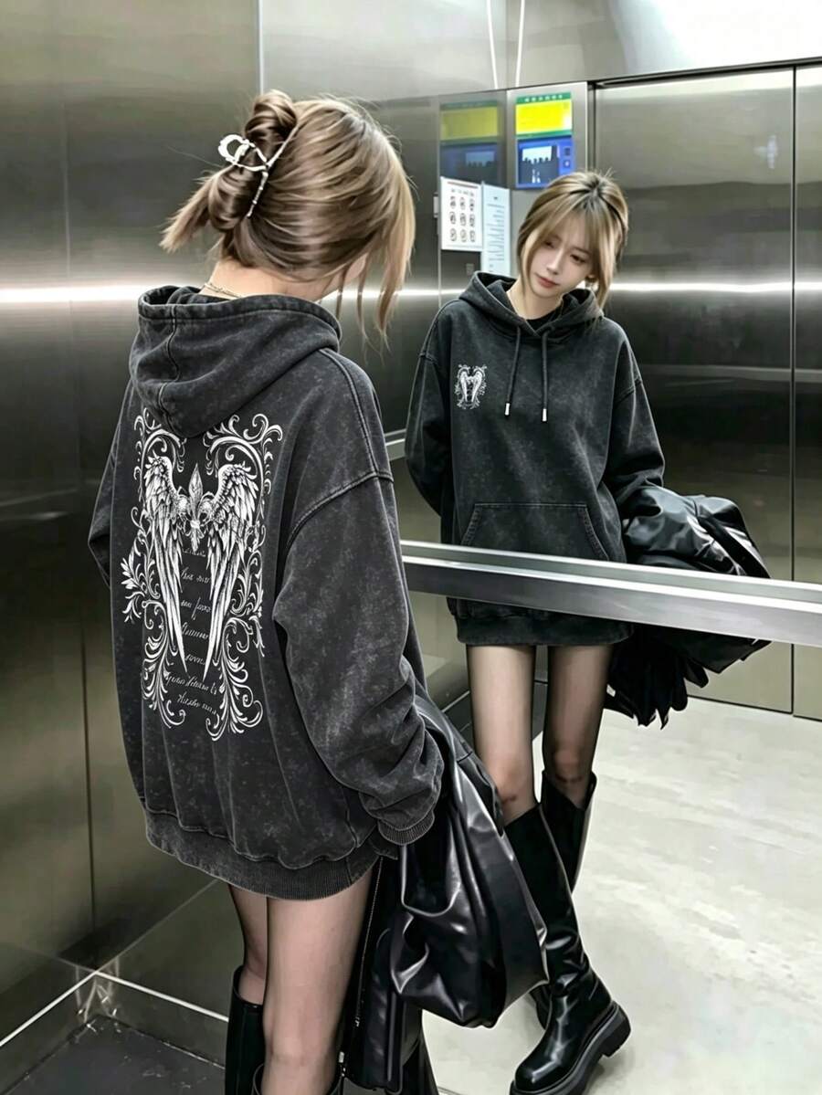1件女款長袖連帽運動衫,附口袋,復古水洗面料,印花圖案,休閒寬鬆版型,適合秋冬 - 黑色 - 查看 1