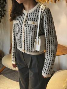 SEREN New Autumn/Winter Houndstooth Elegant Commuter Knit Cardigan, Fashionable Elegant Women's Long-Sleeve Sweater Jacket For Daily Wear - Multicolor - View 3