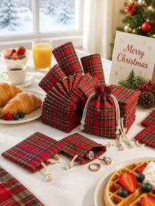 Christmas Gift Red Plaid Drawstring Storage Bag, Suitable For Women/Men, Small Gift Bag, Plaid Pattern, Drawstring Closure, Ideal For Wedding Favors, Jewelry Storage, Christmas Candy, Birthday Party Supplies, Handmade Bead Storage - Multicolor - View 10