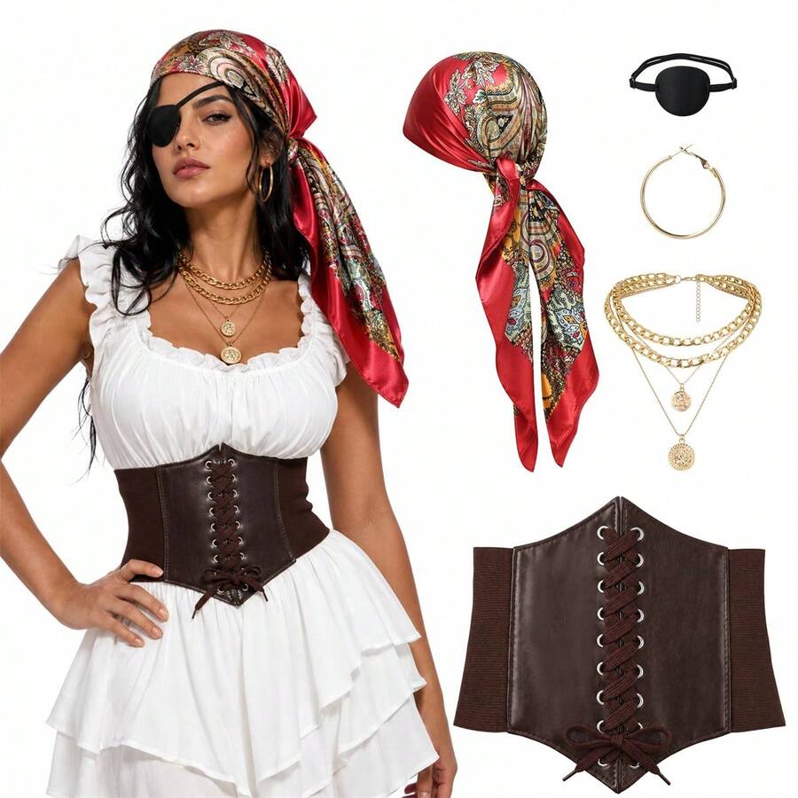 5pcs Women's Pirate Theme Halloween Costume Set, Red | Renaissance Pirate Style Headscarf, Corset, Necklace, Eye Patch, Earrings, Designed For Pirate Theme Party - Multicolor - View 1