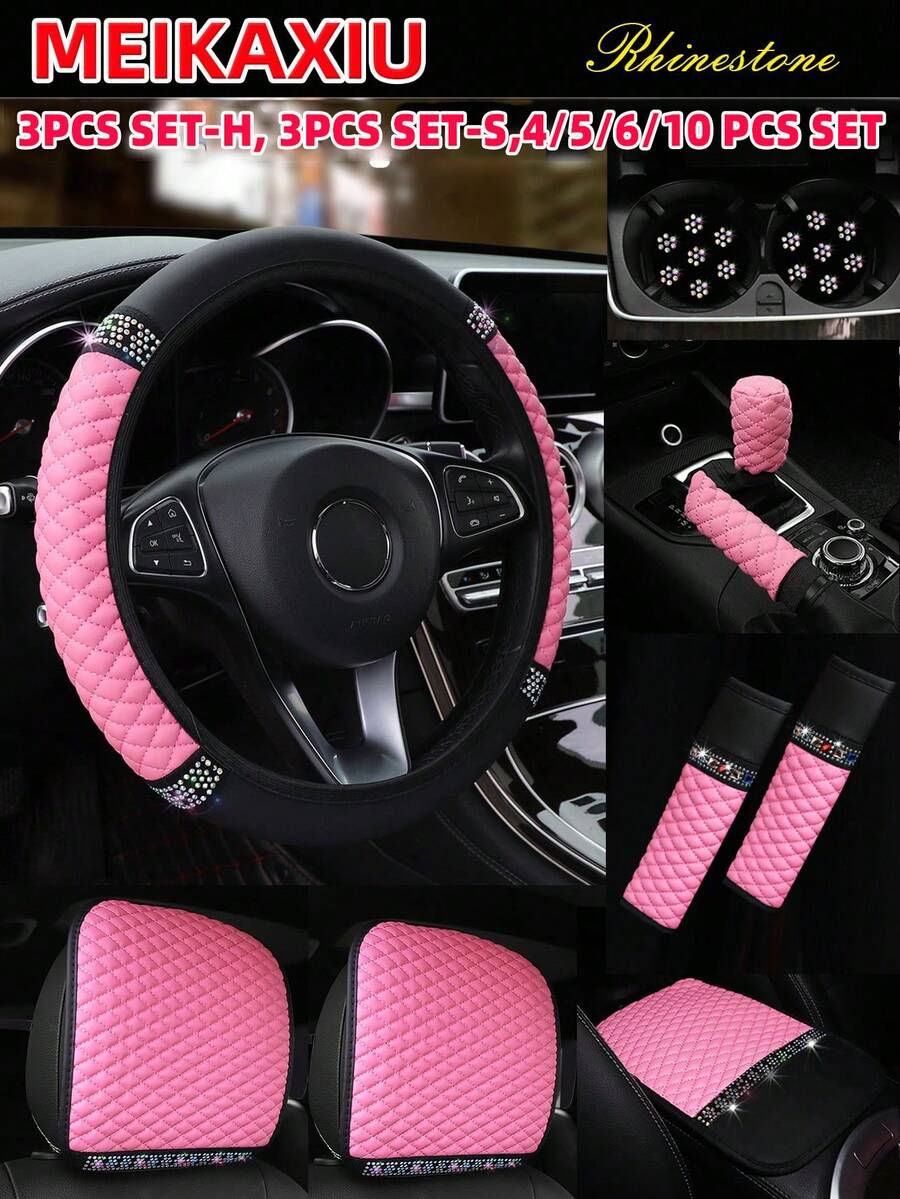 MEIKAXIU 3PCS SET-H, 3PCS SET-S, 4/5/6/10 PCS SET Multi-Piece Set Style Options PU Leather Embroidered Rhinestone Bling Bling Car Interior Accessories Set, Car Steering Wheel Cover Without Inner Ring, Handbrake Cover, Gear Shift Cover, Headrest Pad, Armrest Pad, Cup Holder Mat, Shoulder Guard Cover And Other Car Decoration Accessories Set For Women - Leather Diamond - View 1