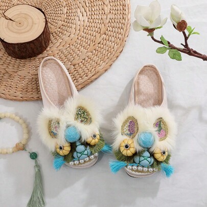 Gardenia Blue Tiger Head Slippers Spring/Summer New Tiger Head Shoes Handmade Flat Comfortable New Chinese Embroidered Shoes
