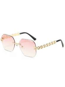 1PC Women's Rimless Cut-Edge Square Gradient Ocean Lens Retro Bohemian Hollow Chain Temple Fashion Glasses, Beach Street Style Personalized Y2K Plus Size Elegant High-End Pure Desire Decorative Shades, Suitable For Couples, Dating, Beach, Travel, Driving, Party, Etc. - Gradient Powder - View 3