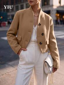 YIU LUMOS Women's Khaki Textured Cropped Jacket, Stand Collar Button Flap Pocket Long Sleeve, Office Chic Vintage Coat For Work Daily Fall Winter - Khaki - View 5