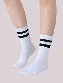 1/5/10 Pairs Men's Classic Double Stripe Black & White Mid-Calf Socks, Retro Collegiate Style, Elastic & Breathable, Versatile Skateboard Socks - White - View 4