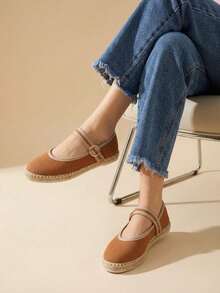 Zapatos tipo Mary Jane bailarinas con punta redonda, zapatos planos con yute, con suela antiderrapante - Marrón - Ver 1