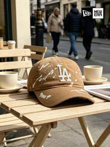 New Era Brown LA Baseball Cap, Distressed Splatter Detail And Embroidered Logo, Casual Street Style OOTD Accessory - Camel - View 9