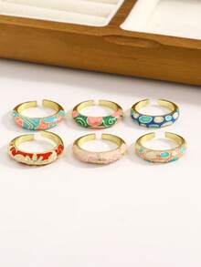 6pcs/1pc Elegant Vintage Colorful Oil Drop Pattern Enamel Ring Set, Personalized Fashion Fairy Style Women's Open Ring Jewelry Set, Suitable For Daily Wear, Party, Vacation, Casual, Date, Holiday, Gift For Friends, Family, Couples - Multicolor - View 3