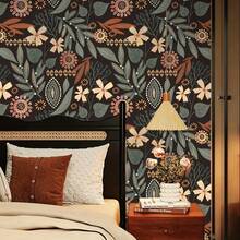 1pc Black Background Deep Green Floral Plant Wallpaper, 17.7" X 118/196", Removable Wallpaper, Living Room, Bedroom Wall And Furniture Renovation Sticker, Autumn Atmosphere Wall Decor, Back To School Decoration, Contact Paper - Home Wallpaper - View 7