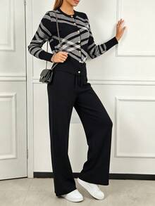 Conjunto mujer 2 piezas: suéter manga larga y pantalones largos, diseño moderno, tejido suave abrigado para otoño‑invierno, look elegante y acogedor. - Negro - Ver 4
