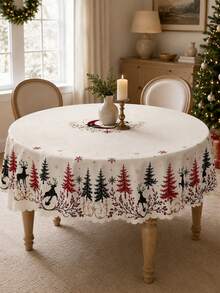 1pc Cream Winter Forest Tablecloth, Minimalist Polyester Rectangular Tablecloth With Reindeer Silhouette, Snowflake, Tree And Moon Pattern, Suitable For Kitchen Decor, Home Decor, Room Decor, Christmas Home Decor And Classroom Decor - Multicolor - View 8