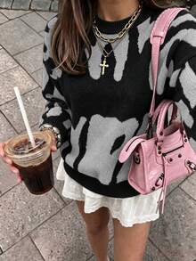 Fashionable Pattern Round Neck Long Sleeve Casual Pullover Sweater, Drop Shoulder Printed Letter Design, Suitable For Campus, Street Style, Spring Break, Halloween And Other Occasions - Multicolor - View 2