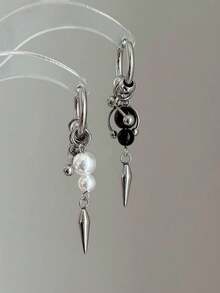 Punk Spiked Pearl Earrings, Asymmetric Beaded Pendant Earrings, Y2K Gothic Cool Metal Jewelry, Women's Street Style - Silver - View 2