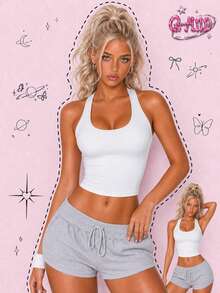 Q-AND QAND 1 buah Tank Top Wanita Putih Model Crop Racerback, Atasan Tanpa Lengan Slim Fit Warna Polos untuk Pilates, Barre, Tari, Gym & Pakaian Sehari-hari Urban - Putih - View 1