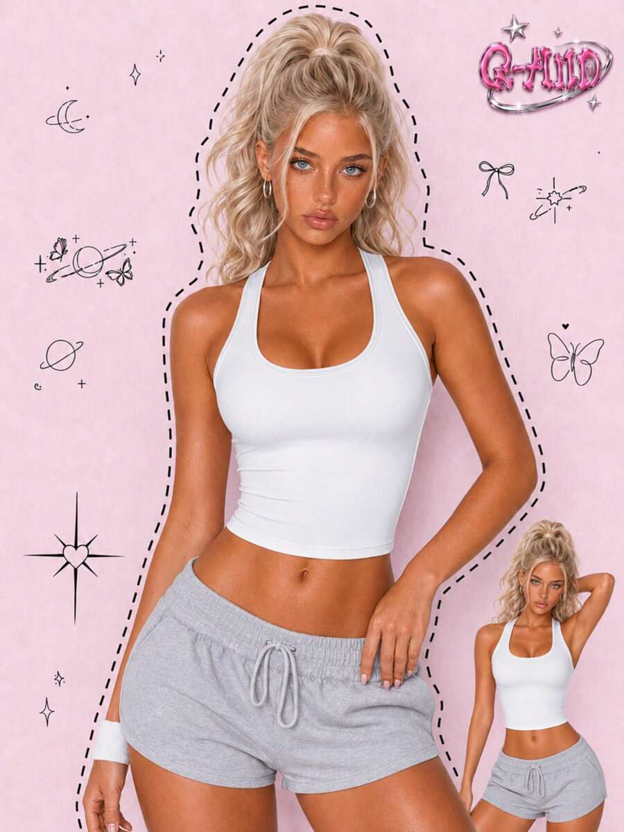Q-AND QAND 1pc Women's White Cropped Racerback Tank Top, Slim Fit Sleeveless Solid Color Basic Top For Pilates, Barre, Dance, Gym & Urban Daily Streetwear - White - View 1