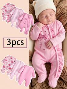 Baby Girl Bowknot Footed Jumpsuit Long Sleeve Ruffle Button Design Jumpsuit Cute Bowknot Random Print Striped 3-Piece Set All Season Wear - Pink - View 1