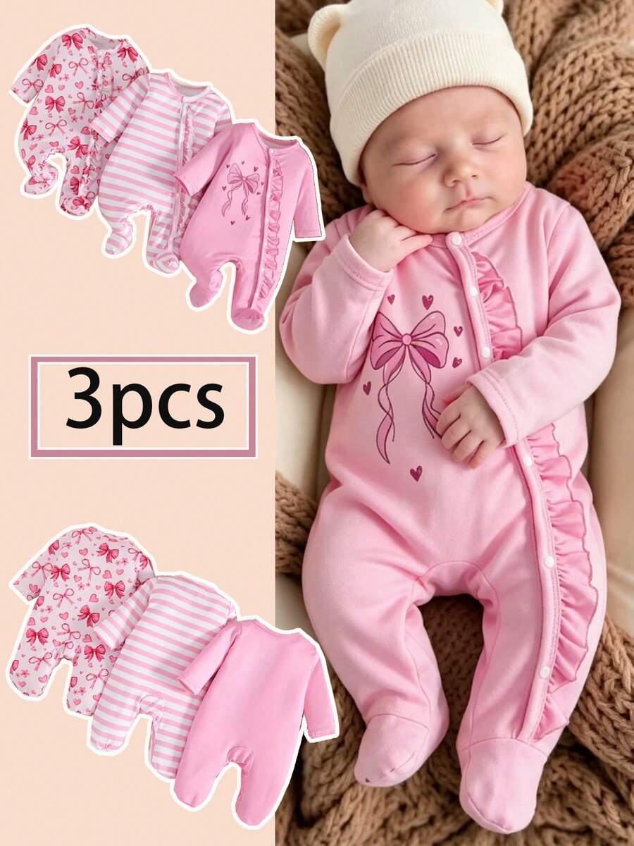 Baby Girl Bowknot Footed Jumpsuit Long Sleeve Ruffle Button Design Jumpsuit Cute Bowknot Random Print Striped 3-Piece Set All Season Wear - Pink - View 1