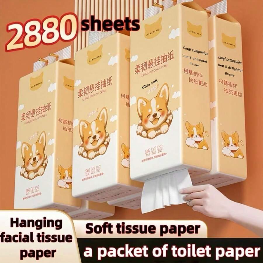 1 Pak Handuk Kertas Serat Kayu Alami - Tidak Dibleaching, Desain Timbul Lembut, 1 Gulungan Tisu Wajah Tahan Lama, Daya Serap Tinggi, Penggunaan Kering/Basah di Dapur dan Kamar Mandi, Gulungan Gantung, Perlengkapan Pembersihan Rumah Tangga - Kotak tisu bermotif Corgi - View 1