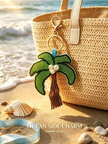 1pc Beaded Alloy Faux Pearl Tassel Palm Tree Bag Charm, Tropical Vacation Style Keychain, Car Key Decor, Backpack Pendant, Women's Holiday Gift - Multicolor - View 2