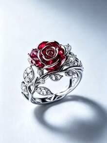 Anillo de aniversario chapado en plata para mujer, con circonita sintética incrustada, diseño de flor de rosa, anillo de compromiso de lujo, joyería de lujo para boda y banquete, adecuado para boda, anillo de boda, joyería, regalo perfecto para aniversario, Día de San Valentín y cumpleaños/Navidad - Plateado - Ver 2