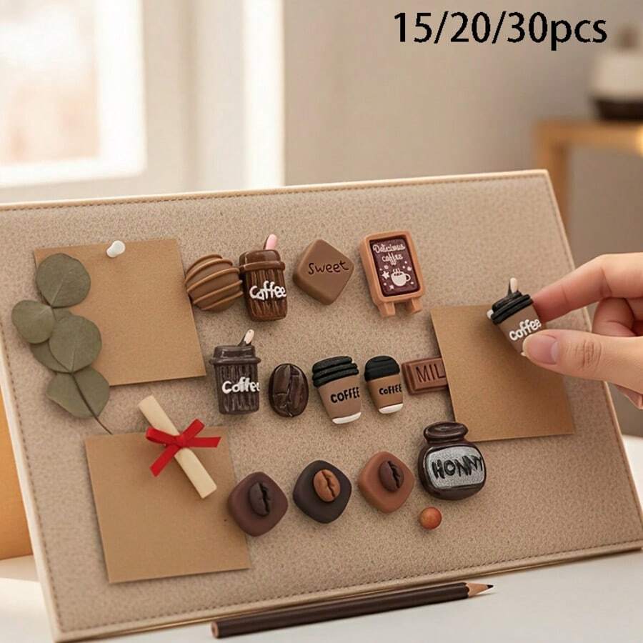 15/20/30 piezas de chinchetas creativas de estilo vintage americano con diseño de grano de café de chocolate, chinchetas para fijar fotos en la pared, chinchetas decorativas para tablero de fieltro, chinchetas decorativas lindas, accesorios pequeños, estilo aleatorio - A - Ver 1
