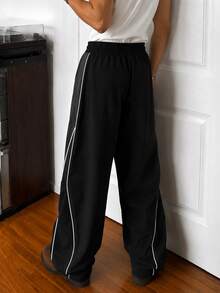 Men's Draped Wide Leg Casual Sports Pants With Adjustable Drawstring Waist And Side Contrast Stripe Decor, Pair With Functional Hooded Jacket For Travel, Training And Daily Wear, Slimming Versatile All-Match Long Pants - Black - View 5